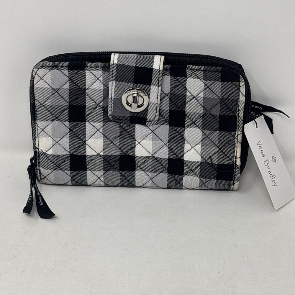 Vera Bradley RFID Turnlock Kingbird Plaid Black And White Wallet